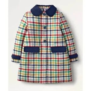 Mini Boden wool mix rainbow plaid coat Navy velvet collar 3t British heritage